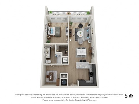 Floor plan for 1 bed, 1 bath, 898 sqft